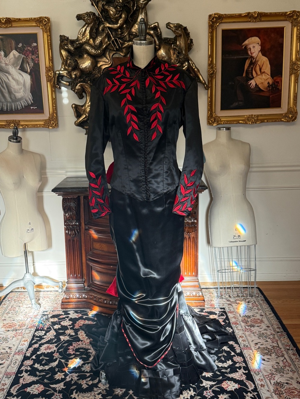 Black Satin Two-Piece Evening Ensemble with Red Leaf Embroidery size 12